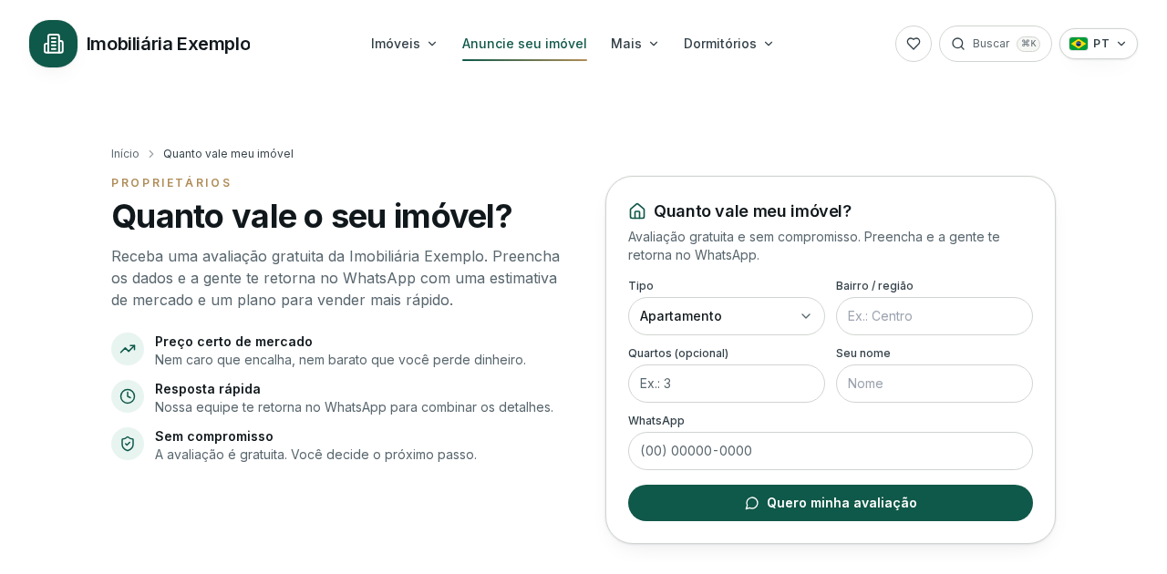 Formulário de avaliação no site de uma imobiliária de exemplo, com o tipo do imóvel, o bairro, os quartos, o nome e o WhatsApp do proprietário (dados fictícios)