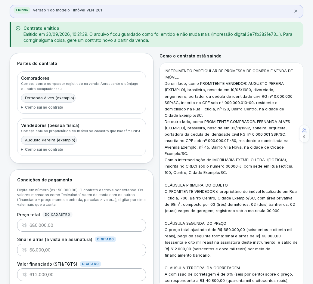 Contrato de compra e venda emitido, com o aviso de que o arquivo ficou guardado como foi emitido e não muda mais, e as partes do contrato (dados fictícios)