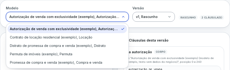 Lista de modelos de contrato da imobiliária: autorização de venda, locação, distrato, permuta e compra e venda (dados fictícios)