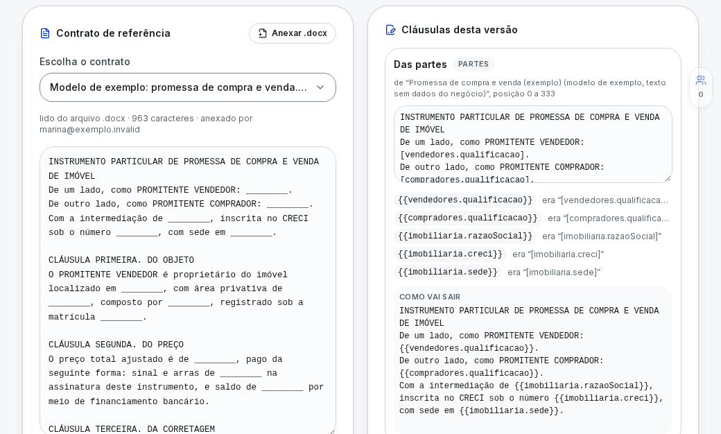 Tela de modelos de contrato: à esquerda, o contrato em Word que a imobiliária anexou; à direita, as cláusulas do modelo com os trechos trocados por campos, como o nome do vendedor, do comprador e da imobiliária (dados fictícios)