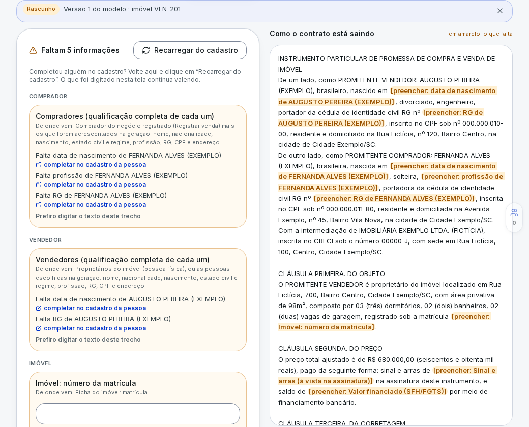 Rascunho de contrato de compra e venda gerado a partir de um negócio fechado, com as informações que faltam destacadas em amarelo no texto (dados fictícios)