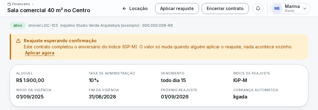 Contrato de sala comercial com aviso de reajuste esperando confirmação: o contrato completou o aniversário do índice IGP-M e o valor só muda quando alguém da equipe aplicar o reajuste