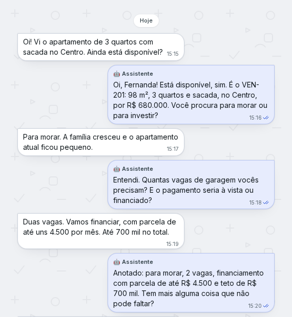 Conversa do WhatsApp no painel: a assistente responde a uma cliente que perguntou pelo apartamento de 3 quartos com sacada, confirma o imóvel, a metragem e o preço e pergunta se ela procura para morar ou investir (dados fictícios)