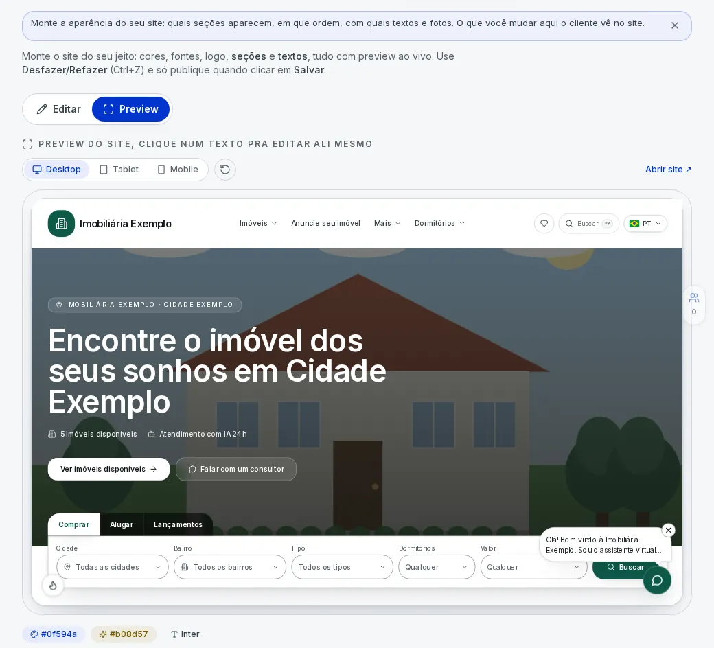 Site Builder, o editor do site no painel da MCK Systems, com os modos Editar e Preview e o desfazer e refazer (dados fictícios)