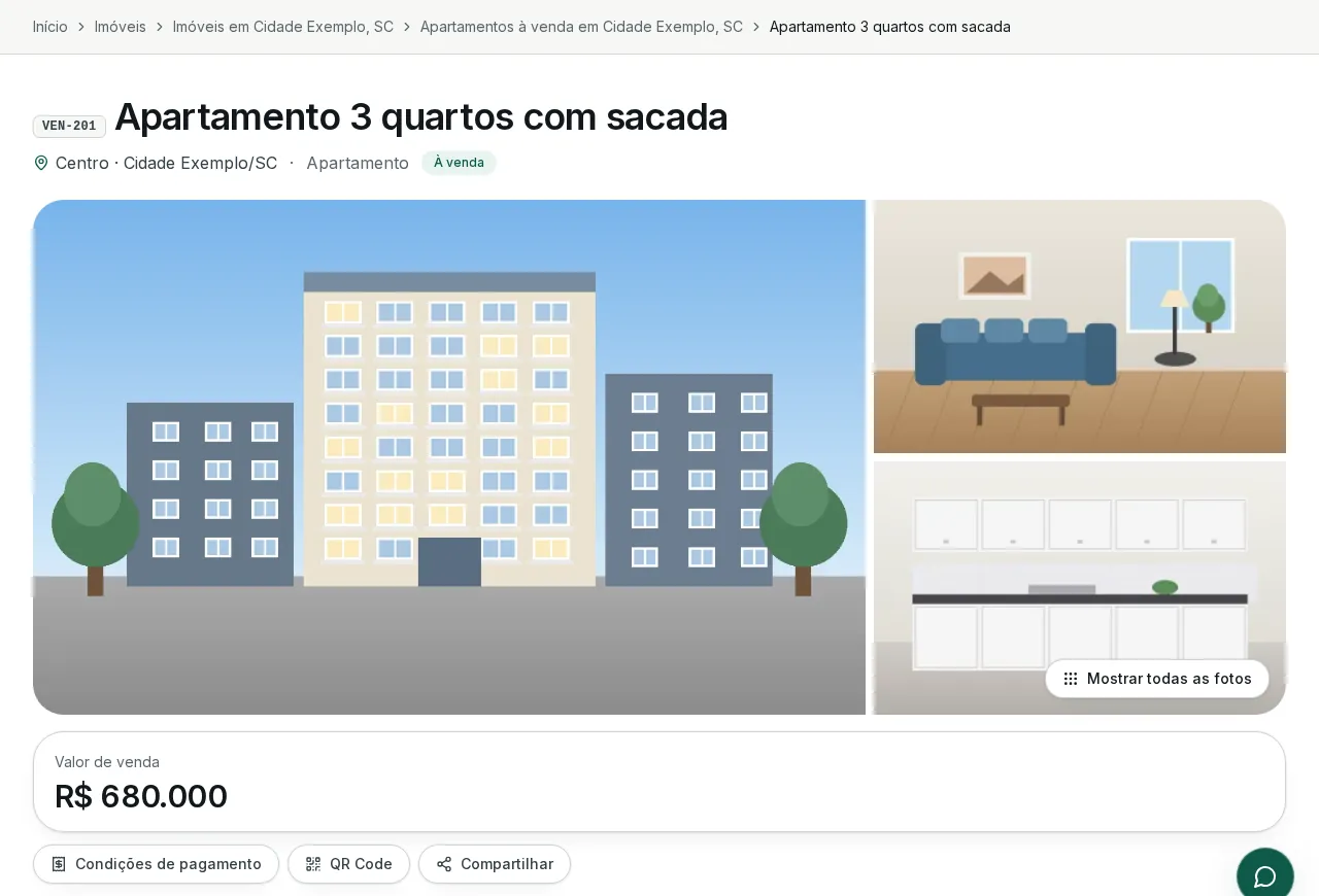 Página de um imóvel no site da imobiliária, com o caminho de navegação, o título, a galeria de fotos, o valor de venda e os botões de condições de pagamento, QR Code e compartilhar (dados fictícios)