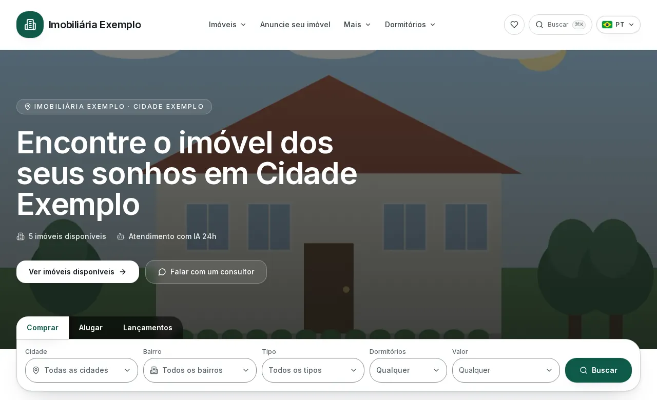 Página inicial do site de uma imobiliária de exemplo feito na MCK Systems, com o nome da imobiliária, a chamada para ver os imóveis e a busca por cidade, bairro e tipo (dados fictícios)